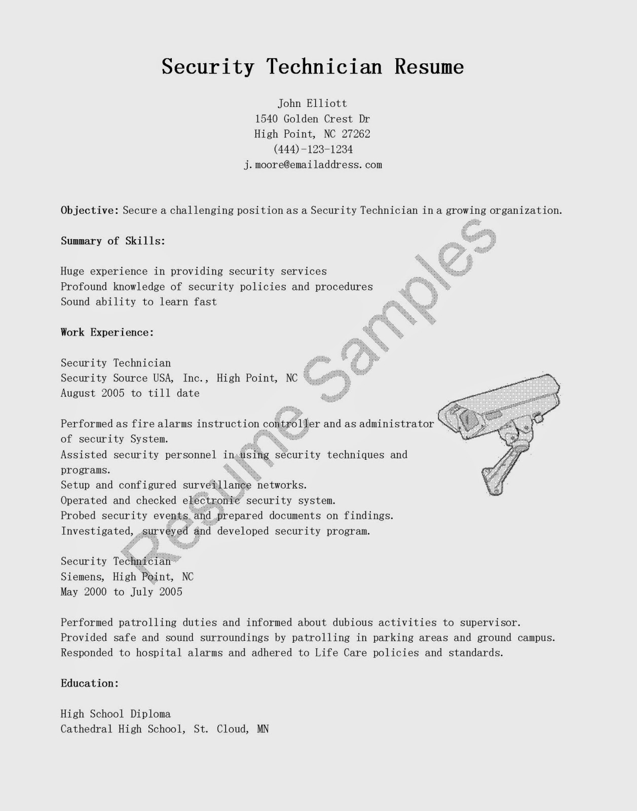 Sample resume for security system technician